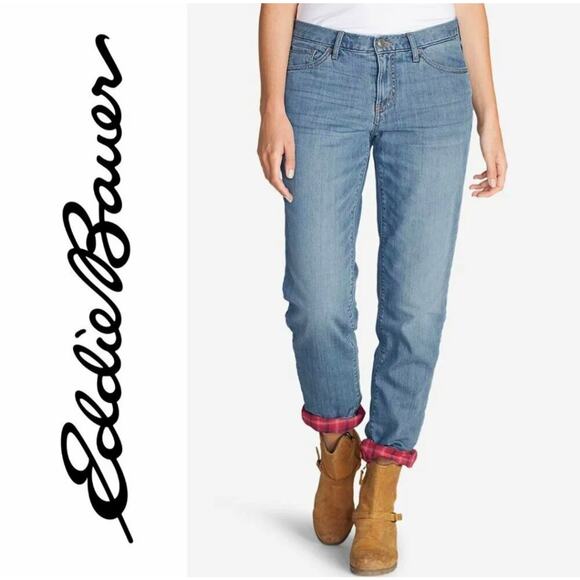 Eddie Bauer Flannel Lined Jeans Boyfriend Fit Womens Sz 14 Medium Wash Red Plaid - Picture 4 of 14